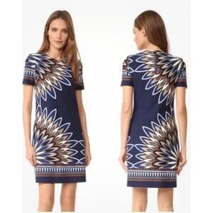 Tory Burch Cotton Short Sleeve Shift Blue White Brown Print Dress Size Med